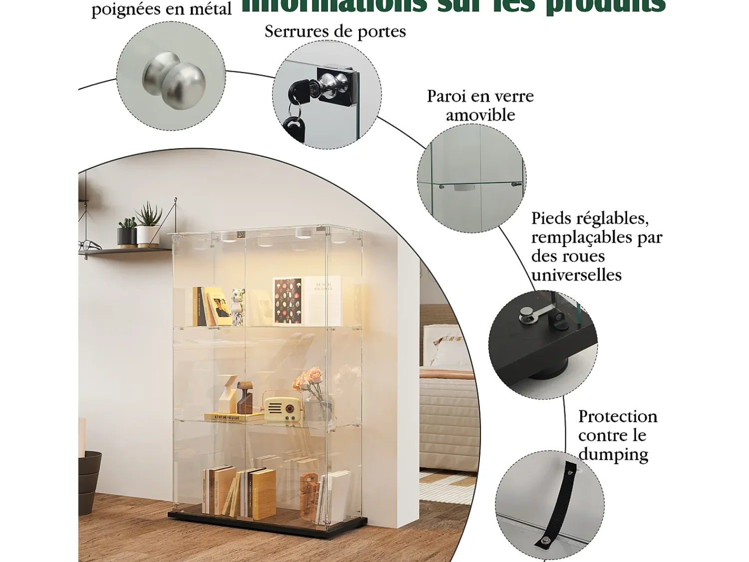 Vitrina* Vitrine com 4 prateleiras e portas duplas, vitrine para sala de estar Preto