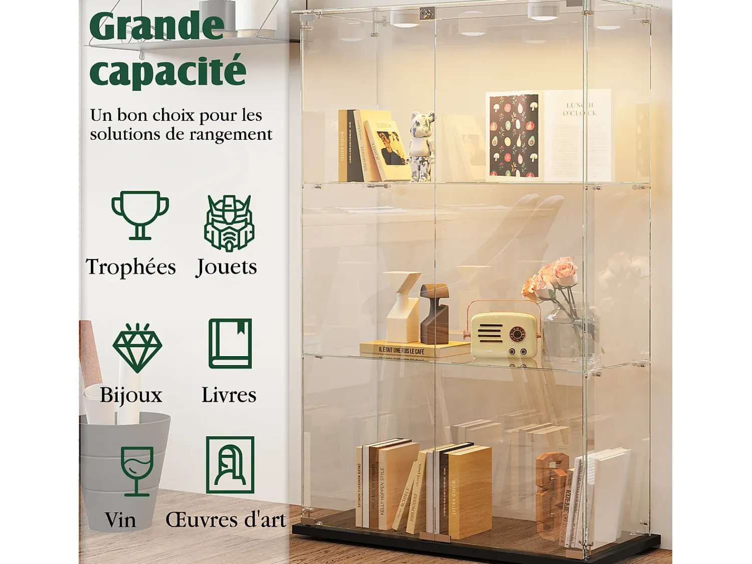 Vitrina* Vitrine com 4 prateleiras e portas duplas, vitrine para sala de estar Preto