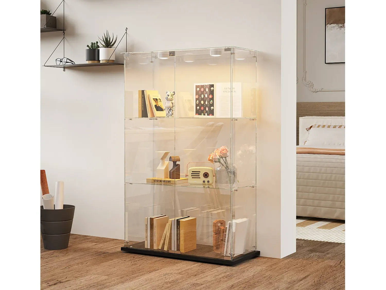 Vitrina* Vitrine com 4 prateleiras e portas duplas, vitrine para sala de estar Preto