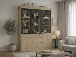 Vitrina|Vente-unique Vitrine com arrumação e LEDs - Natural e preto - MARSORIA Preto / Natural claro