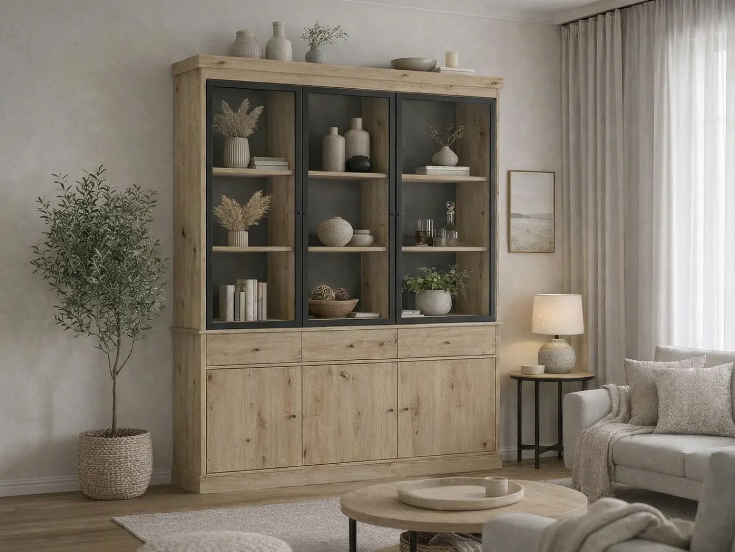 Vitrina|Vente-unique Vitrine com arrumação e LEDs - Natural e preto - MARSORIA Preto / Natural claro