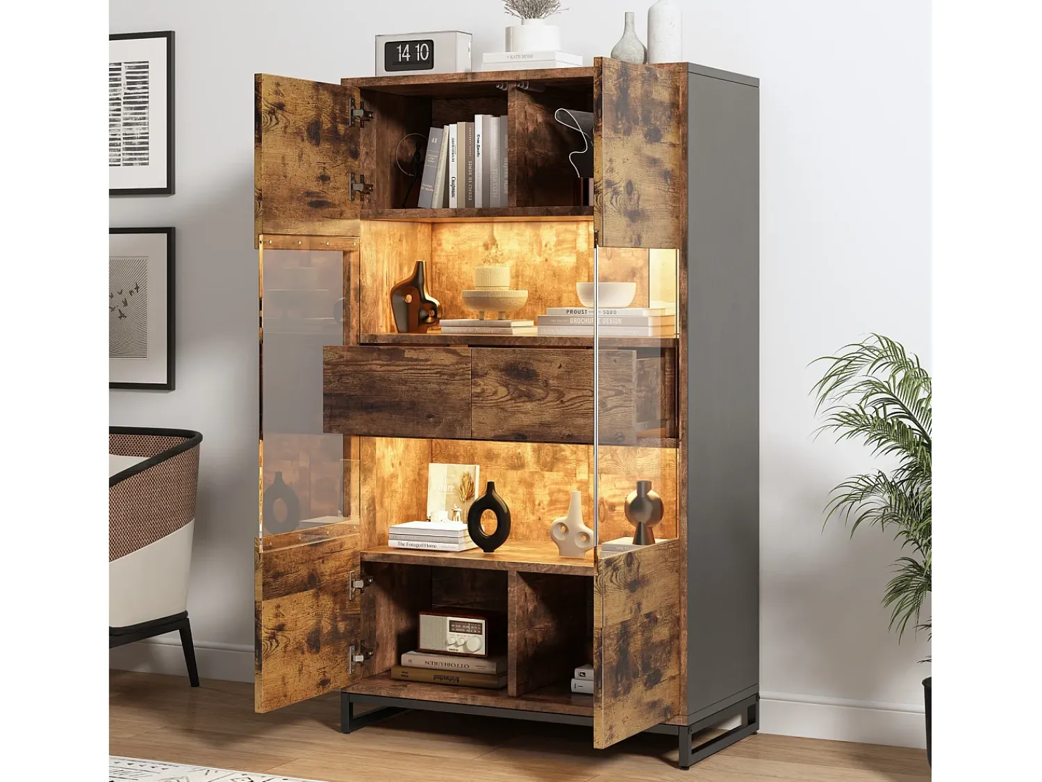 Vitrina* Vitrine com iluminação LED, vitrine independente, armário com 2 gavetas, com painel de acrílico, 80x40x138 cm, marrom Castanho