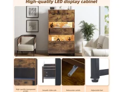Vitrine com iluminação LED, vitrine independente, armário com 2 gavetas, com painel de acrílico, 80x40x138 cm, marrom^ Vitrina