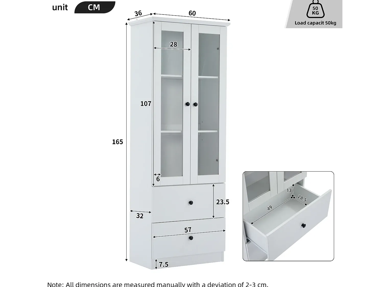 Vitrina*Hauss Spole Vitrine com iluminação LED de 16 cores, 2 gavetas e 2 portas de vidro - Branco