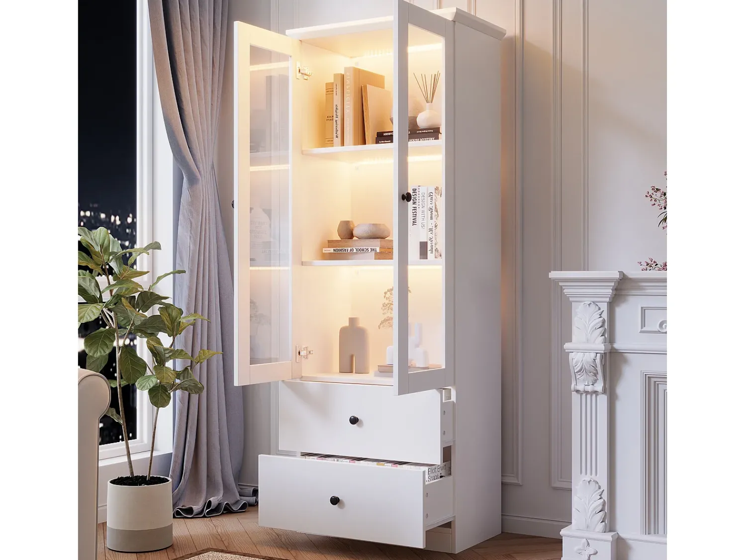 Vitrina*Hauss Spole Vitrine com iluminação LED de 16 cores, 2 gavetas e 2 portas de vidro - Branco