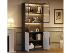 Hauss Spole Vitrine com iluminação LED, 2 portas de vidro e 2 portas de madeira - e preto^ Vitrina