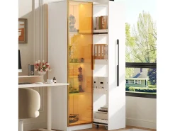 Clearance Merax Vitrine com porta de vidro e LEDs - 70 x 40 x 160 cm - com prateleira lateral deslizante - MDF - branca Branco