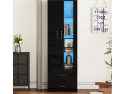 Vitrina*Merax Vitrine com porta transparente - 60 x 35 x 182,5 cm - com LEDs + 2 portas + 2 gavetas - aglomerado - Preto