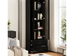 Vitrina*Merax Vitrine com porta transparente - 60 x 35 x 182,5 cm - com LEDs + 2 portas + 2 gavetas - aglomerado - Preto