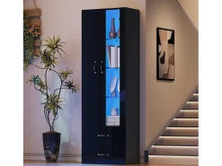 Vitrina*Merax Vitrine com porta transparente - 60 x 35 x 182,5 cm - com LEDs + 2 portas + 2 gavetas - aglomerado - Preto