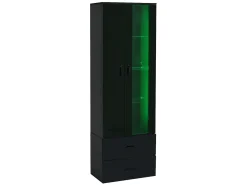 Vitrina*Merax Vitrine com porta transparente - 60 x 35 x 182,5 cm - com LEDs + 2 portas + 2 gavetas - aglomerado - Preto