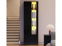 Vitrina*Merax Vitrine com porta transparente - 60 x 35 x 182,5 cm - com LEDs + 2 portas + 2 gavetas - aglomerado - Preto