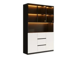 Hot ModernLuxe Vitrine con iluminação LED - 120×40×200 cm - 3 gavetas e 5 portas - Prateleiras abertas - MDF + vidro - Branco+preto Preto / Branco