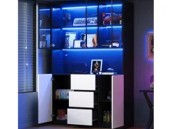 Hot ModernLuxe Vitrine con iluminação LED - 120×40×200 cm - 3 gavetas e 5 portas - Prateleiras abertas - MDF + vidro - Branco+preto Preto / Branco