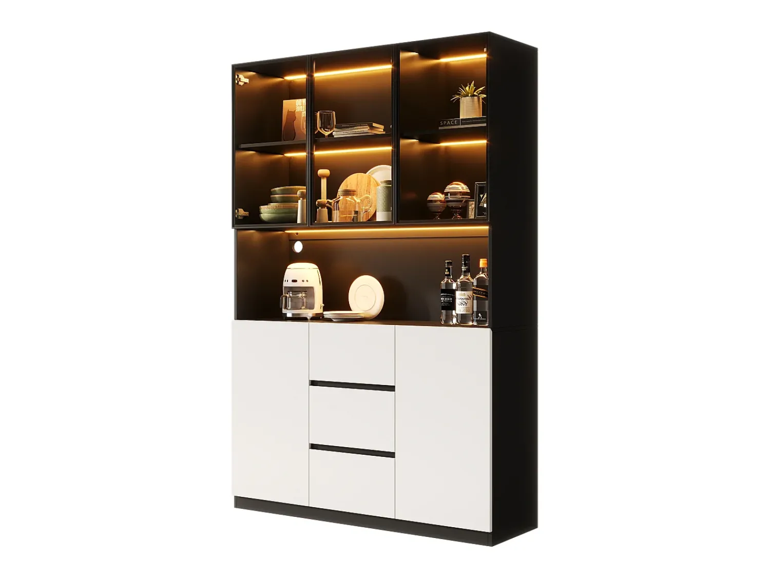 Hot ModernLuxe Vitrine con iluminação LED - 120×40×200 cm - 3 gavetas e 5 portas - Prateleiras abertas - MDF + vidro - Branco+preto Preto / Branco