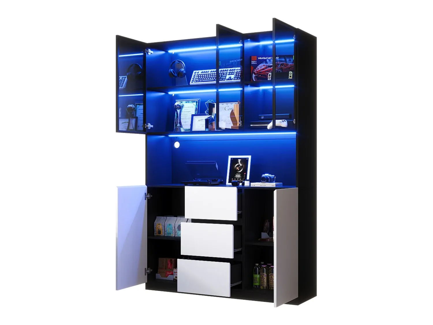 Hot ModernLuxe Vitrine con iluminação LED - 120×40×200 cm - 3 gavetas e 5 portas - Prateleiras abertas - MDF + vidro - Branco+preto Preto / Branco