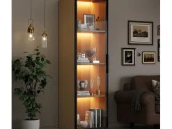 Vitrina|ModernLuxe Vitrine con porta de vidro 40x40x165 cm - Iluminação LED - 1 porta de vidro temperado - Folheado de carvalho - MDF - Natural Natural claro