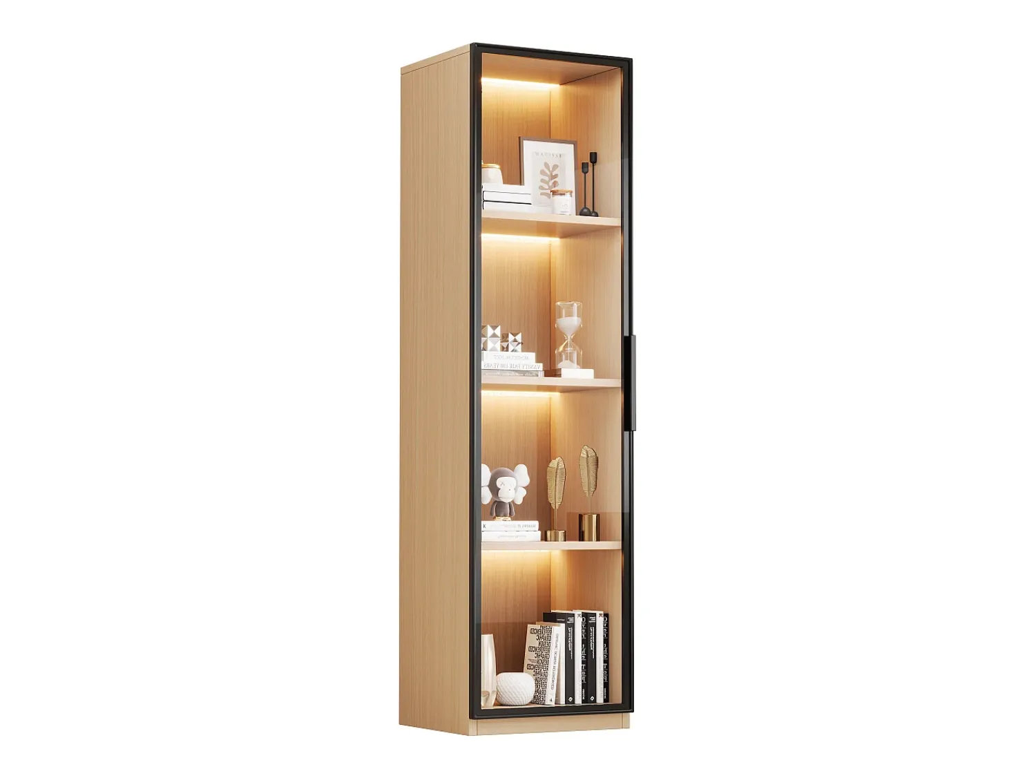 Vitrina|ModernLuxe Vitrine con porta de vidro 40x40x165 cm - Iluminação LED - 1 porta de vidro temperado - Folheado de carvalho - MDF - Natural Natural claro