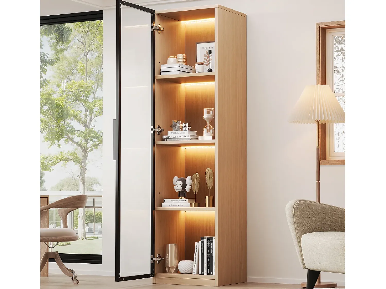 Vitrina|ModernLuxe Vitrine con porta de vidro 40x40x165 cm - Iluminação LED - 1 porta de vidro temperado - Folheado de carvalho - MDF - Natural Natural claro