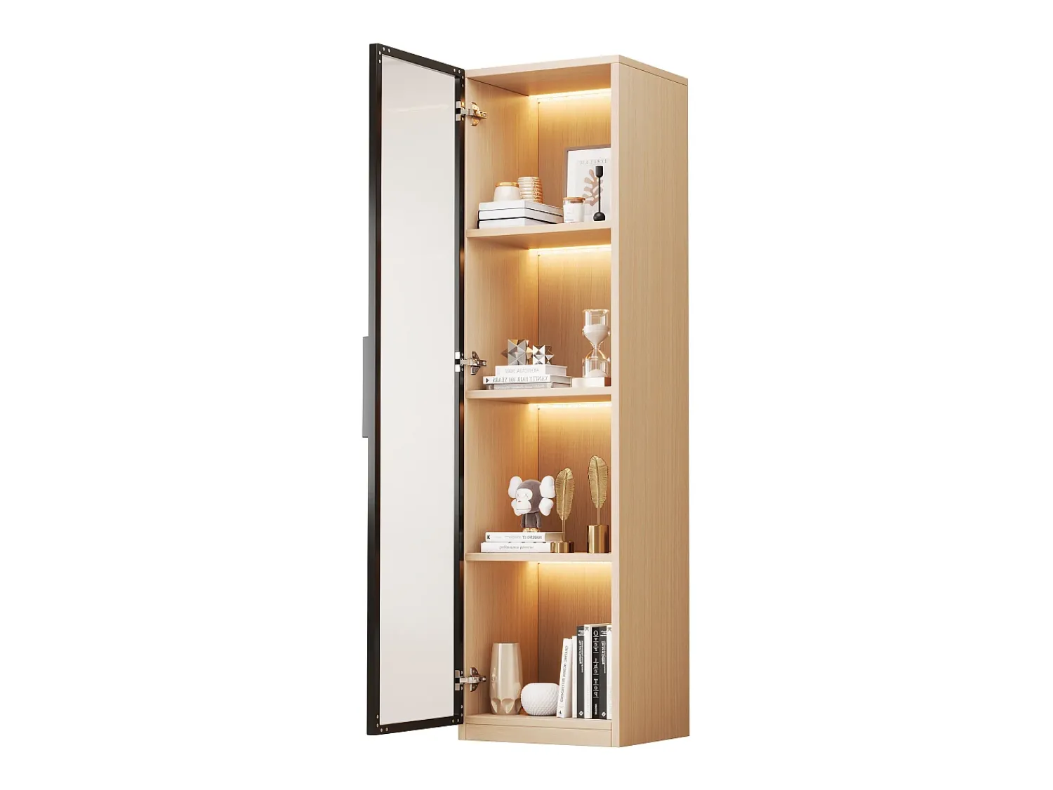 Vitrina|ModernLuxe Vitrine con porta de vidro 40x40x165 cm - Iluminação LED - 1 porta de vidro temperado - Folheado de carvalho - MDF - Natural Natural claro