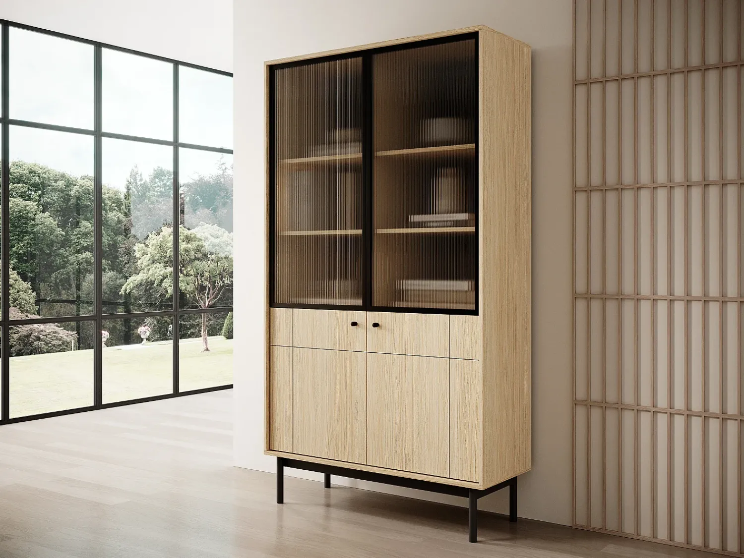 Vitrina| Vitrine: cor: carvalho linea, pés pretos, 103,5 x 184,6 x 39 cm Castanho