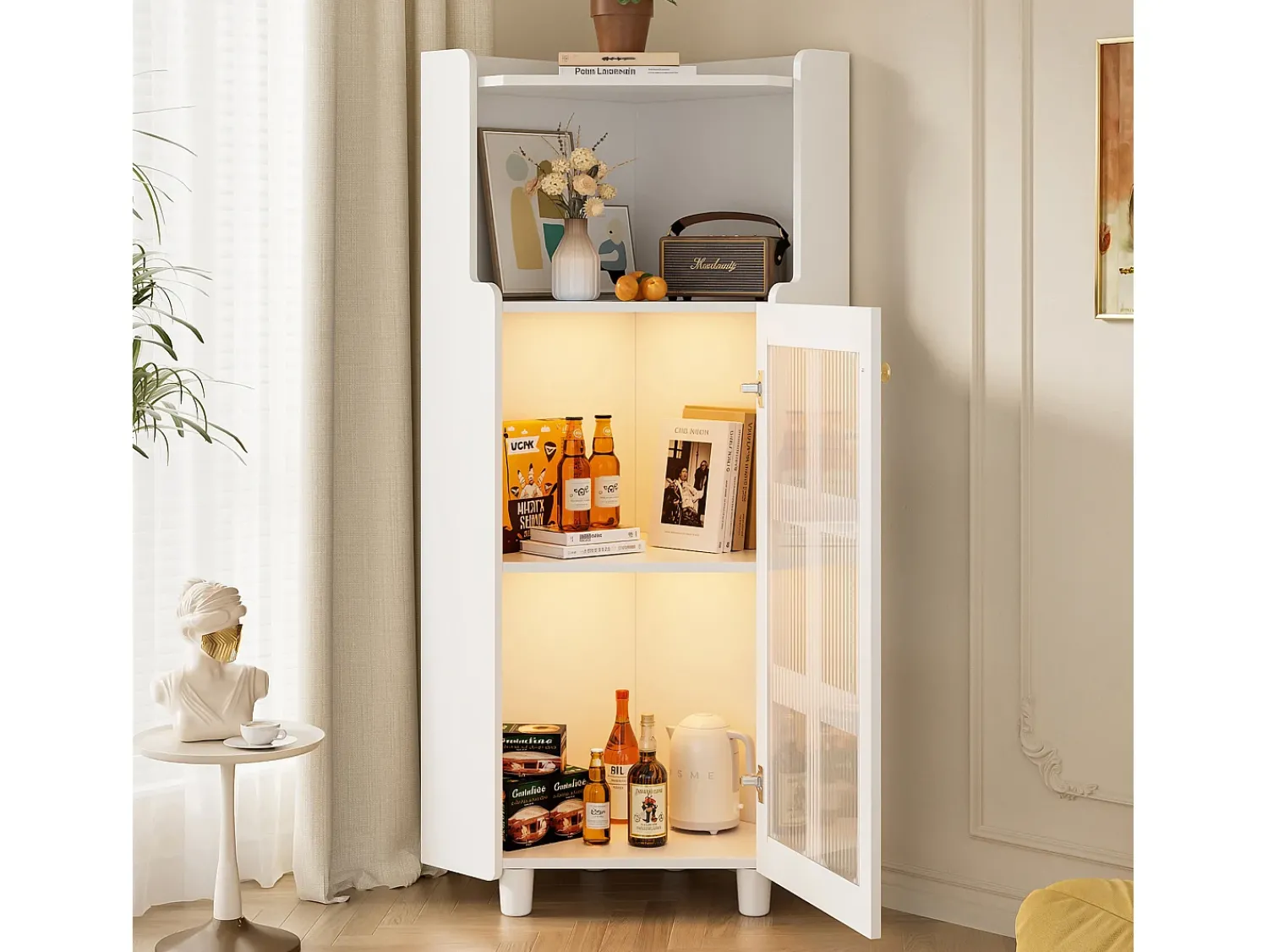 Vitrina*Hauss Spole Vitrine de canto branca - Com iluminação LED e 2 portas de vidro Branco