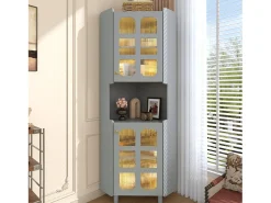 Vitrina|Merax Vitrine de canto laqueada - 63,5 x 45 x 157,5 cm - com LEDs + 2 portas + prateleira - MDF - cinza Cinzento