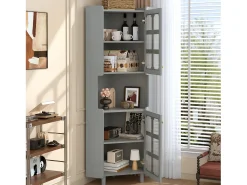 Vitrina|Merax Vitrine de canto laqueada - 63,5 x 45 x 157,5 cm - com LEDs + 2 portas + prateleira - MDF - cinza Cinzento