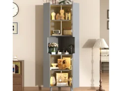Vitrina|Merax Vitrine de canto laqueada - 63,5 x 45 x 157,5 cm - com LEDs + 2 portas + prateleira - MDF - cinza Cinzento