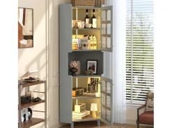 Vitrina|Merax Vitrine de canto laqueada - 63,5 x 45 x 157,5 cm - com LEDs + 2 portas + prateleira - MDF - cinza Cinzento