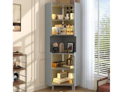 Vitrina|Merax Vitrine de canto laqueada - 63,5 x 45 x 157,5 cm - com LEDs + 2 portas + prateleira - MDF - cinza Cinzento