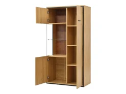 Vitrina*Hauss Spole Vitrine de cor natural com 3 portas, iluminação LED e prateleiras em vidro, MDF Natural claro