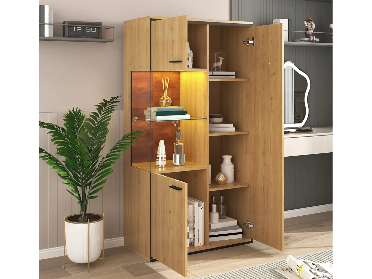 Vitrina*Hauss Spole Vitrine de cor natural com 3 portas, iluminação LED e prateleiras em vidro, MDF Natural claro