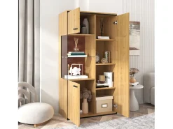 Vitrina*Hauss Spole Vitrine de cor natural com 3 portas, iluminação LED e prateleiras em vidro, MDF Natural claro