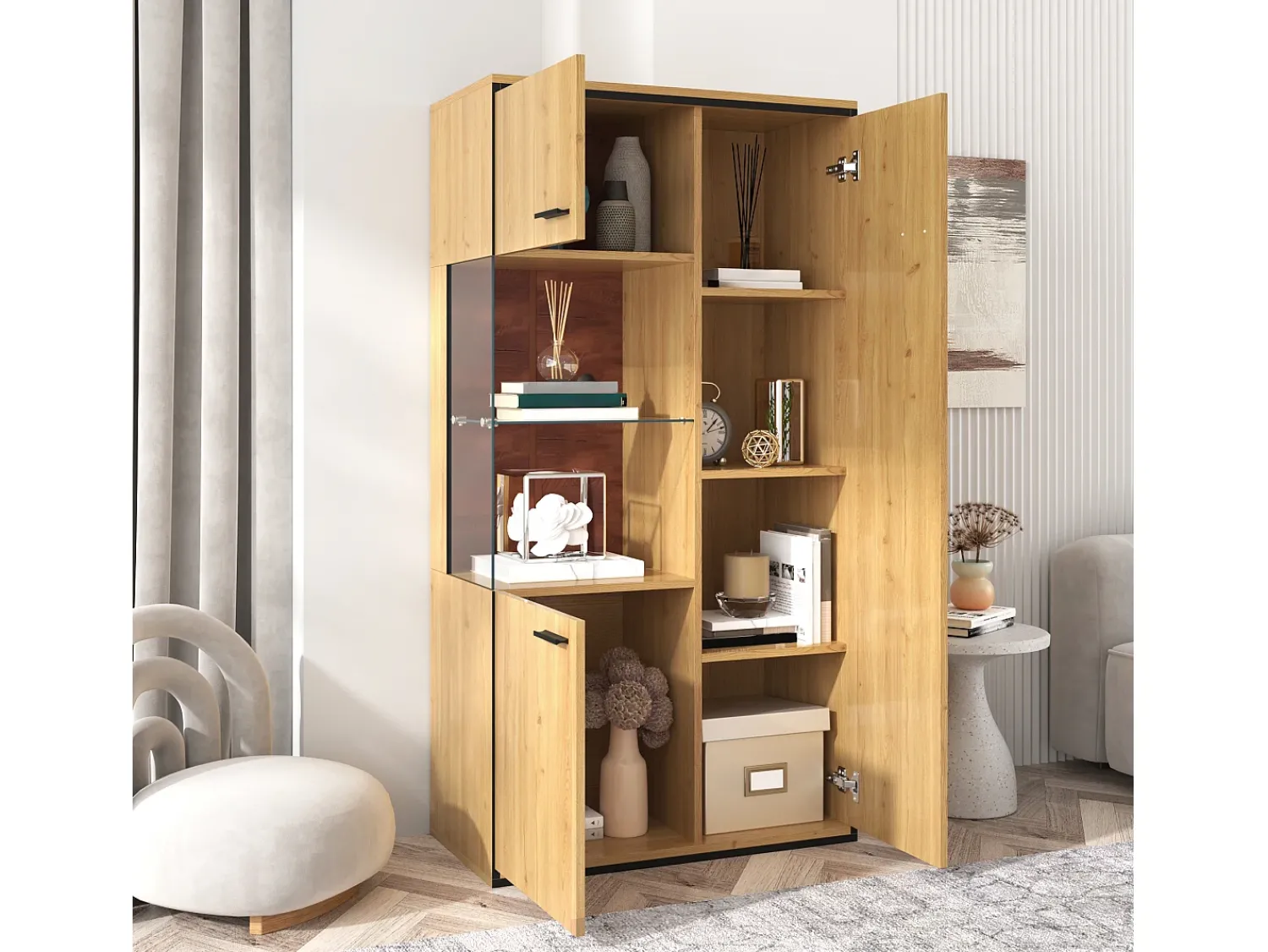 Vitrina*Hauss Spole Vitrine de cor natural com 3 portas, iluminação LED e prateleiras em vidro, MDF Natural claro