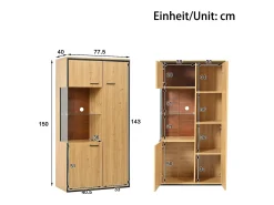 Vitrina*Hauss Spole Vitrine de cor natural com 3 portas, iluminação LED e prateleiras em vidro, MDF Natural claro