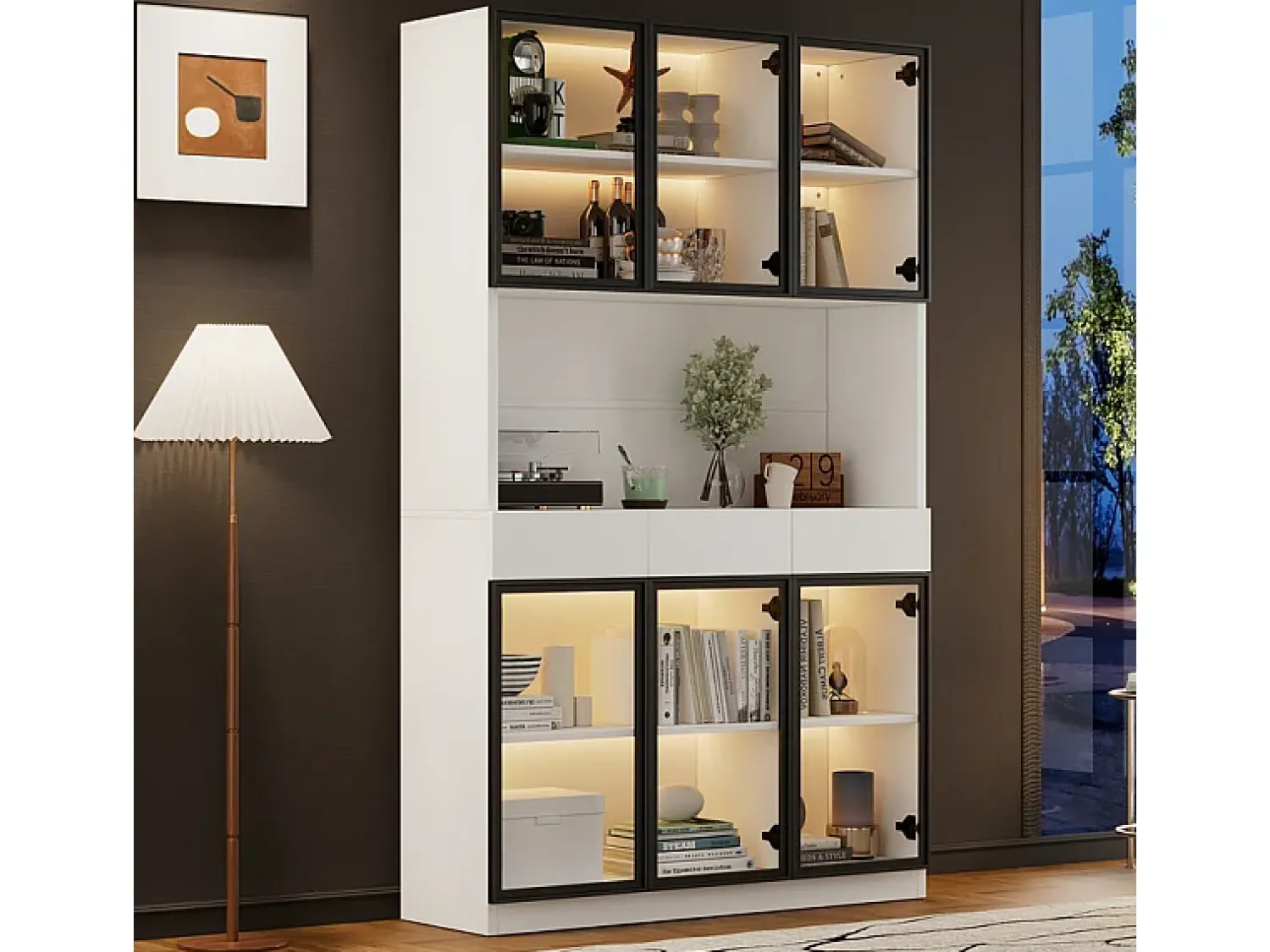 Clearance DripeX Vitrine de Parede - 6 Portas de Vidro + 3 Gavetas - com LED RGB - Painel Partículas 120x36x200cm Branco