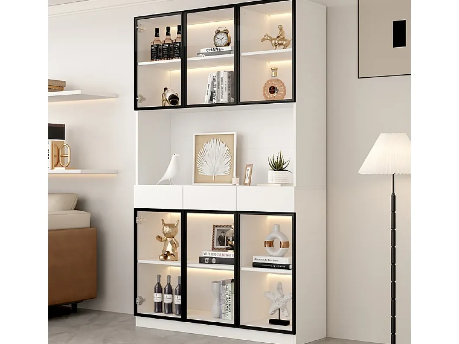 Clearance DripeX Vitrine de Parede - 6 Portas de Vidro + 3 Gavetas - com LED RGB - Painel Partículas 120x36x200cm Branco