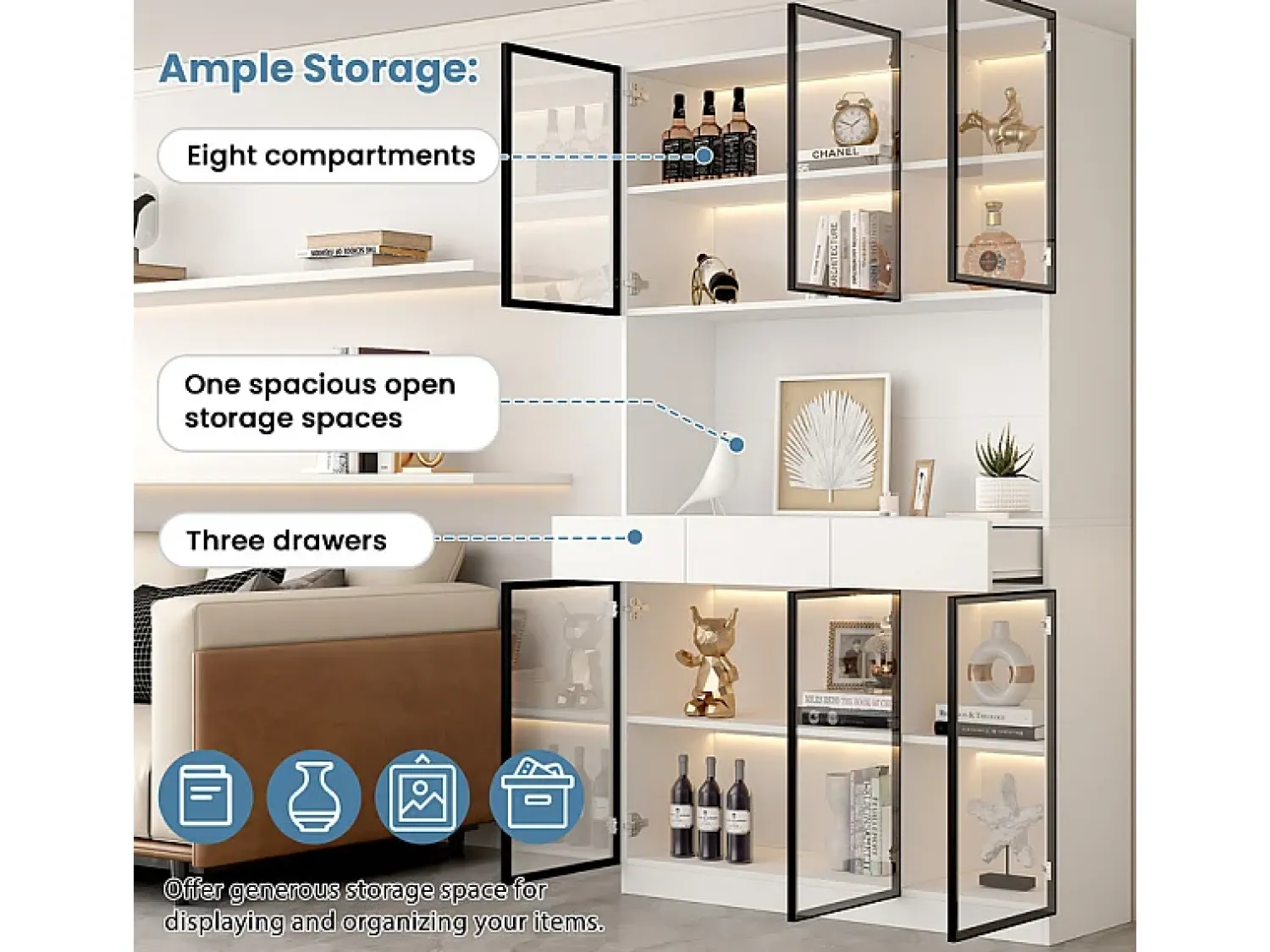 Clearance DripeX Vitrine de Parede - 6 Portas de Vidro + 3 Gavetas - com LED RGB - Painel Partículas 120x36x200cm Branco