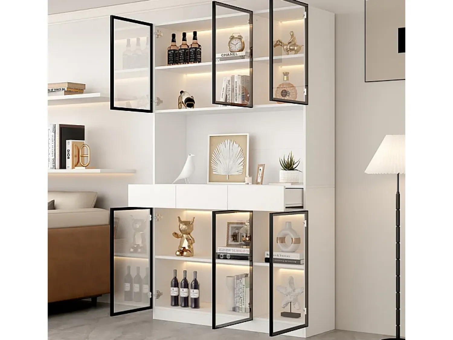 Clearance DripeX Vitrine de Parede - 6 Portas de Vidro + 3 Gavetas - com LED RGB - Painel Partículas 120x36x200cm Branco