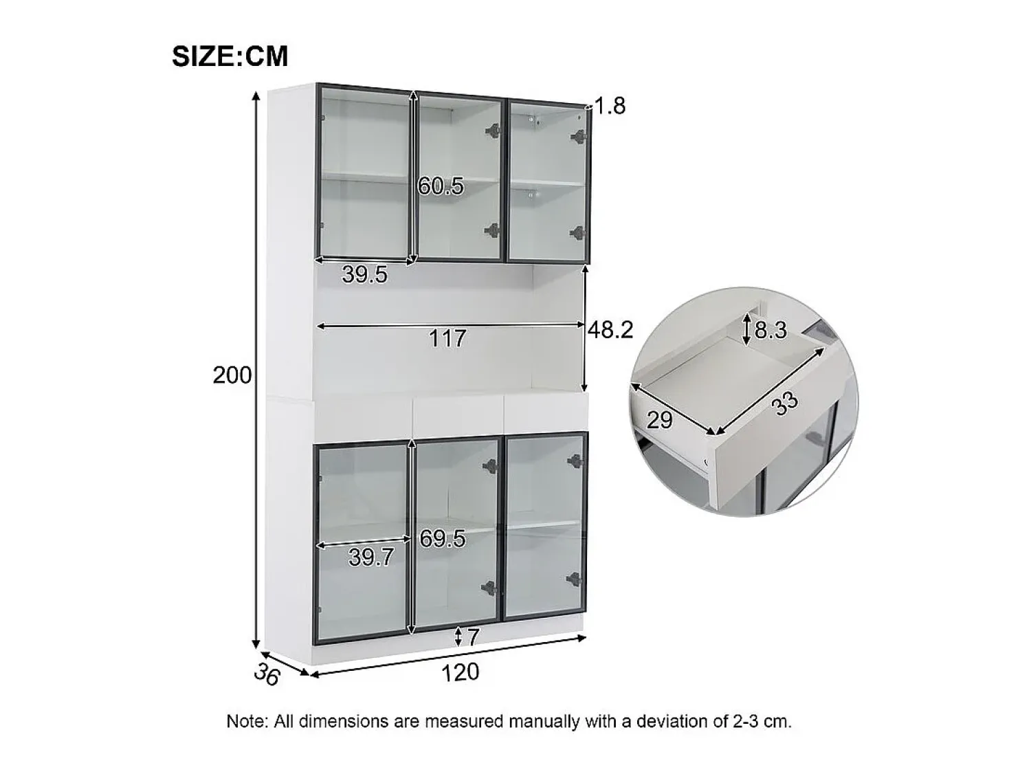 Clearance DripeX Vitrine de Parede - 6 Portas de Vidro + 3 Gavetas - com LED RGB - Painel Partículas 120x36x200cm Branco