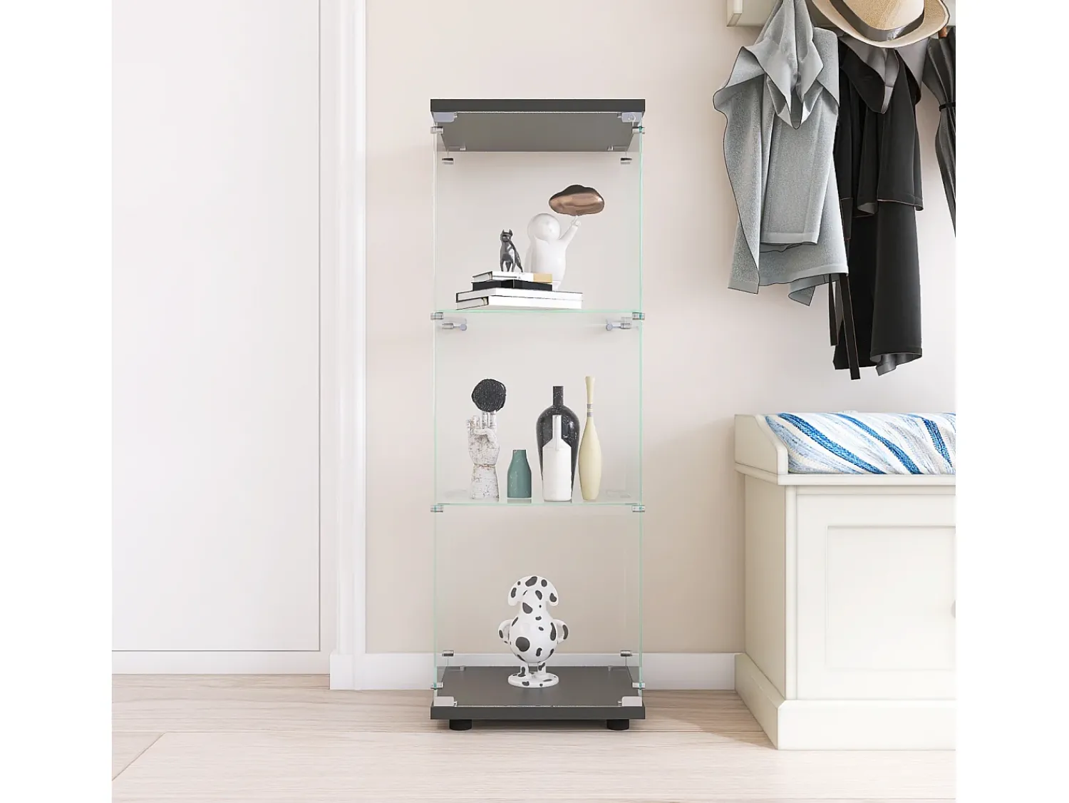Vitrina| Vitrine de vidro - 3 prateleiras, estante de madeira moderna, portas com fechadura, preta Preto