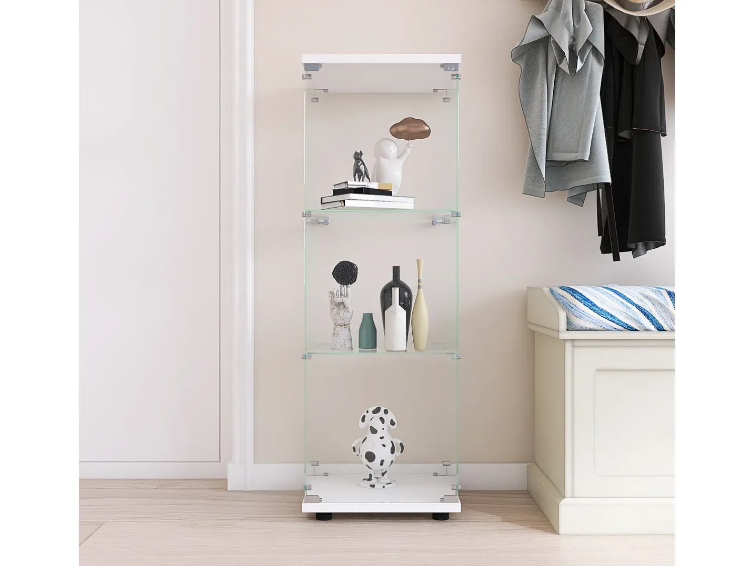 Vitrine de vidro - 3 prateleiras de vidro - com portas e fechadura - branca^ Vitrina