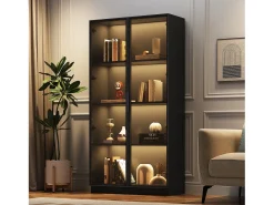 Vitrina*Merax Vitrine de vidro - 80 x 40 x 160 cm - com LEDs + 2 portas de armazenamento com prateleiras móveis - aglomerado - Preto