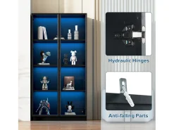 Vitrina*Merax Vitrine de vidro - 80 x 40 x 160 cm - com LEDs + 2 portas de armazenamento com prateleiras móveis - aglomerado - Preto