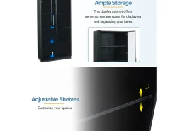 Vitrina*Merax Vitrine de vidro - 80 x 40 x 160 cm - com LEDs + 2 portas de armazenamento com prateleiras móveis - aglomerado - Preto