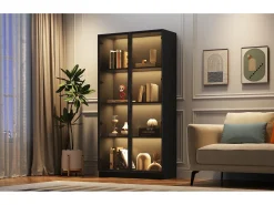 Vitrina*Merax Vitrine de vidro - 80 x 40 x 160 cm - com LEDs + 2 portas de armazenamento com prateleiras móveis - aglomerado - Preto