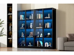 Hot Merax Vitrine de vidro - 160 x 40 x 160 cm - com LEDs - Armazenamento de 4 portas com prateleiras móveis - aglomerado - Preto