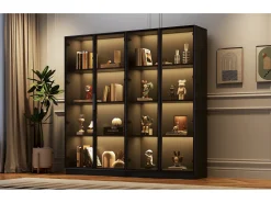 Hot Merax Vitrine de vidro - 160 x 40 x 160 cm - com LEDs - Armazenamento de 4 portas com prateleiras móveis - aglomerado - Preto