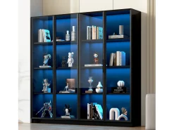 Hot Merax Vitrine de vidro - 160 x 40 x 160 cm - com LEDs - Armazenamento de 4 portas com prateleiras móveis - aglomerado - Preto
